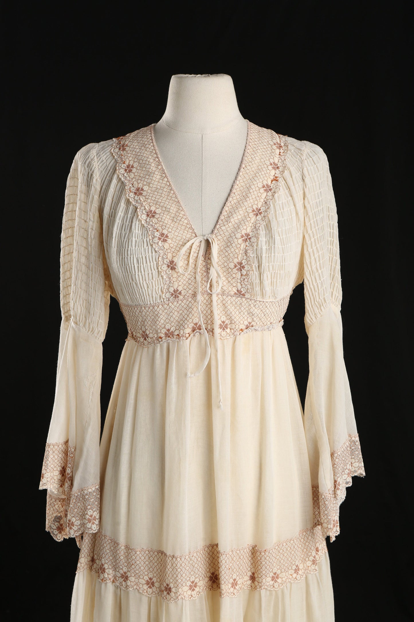 Vintage Women's Beige Long Summer Prairie Dress / Era: 70s - 80s