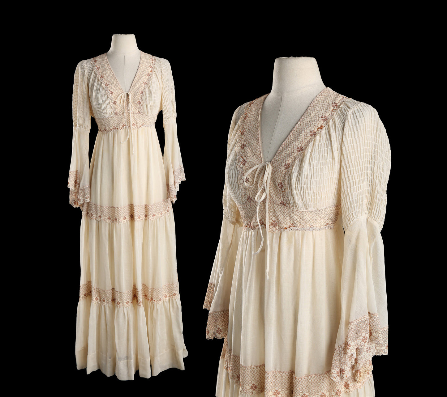 Vintage Women's Beige Long Summer Prairie Dress / Era: 70s - 80s