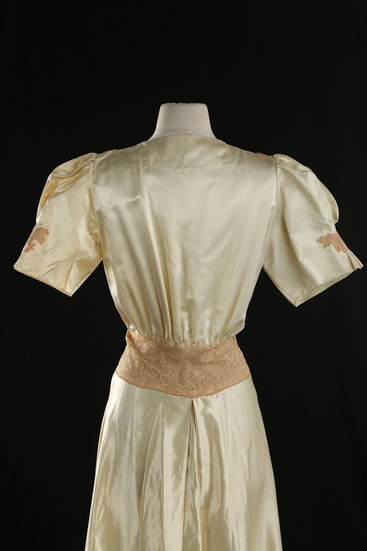 Vintage 1940s Yellow Nightgown Dress with Brown Lace Embroidered Details