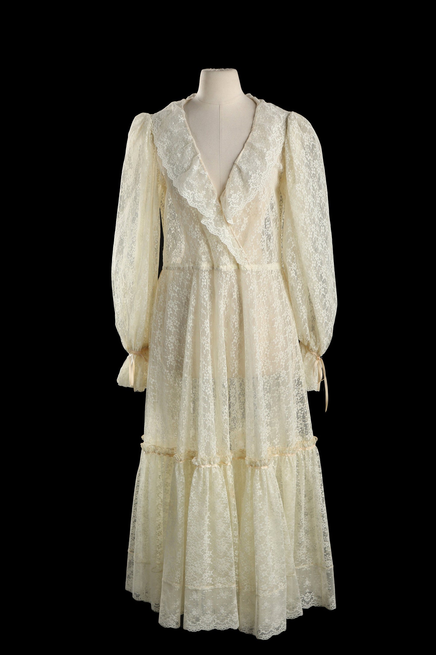 Vintage Lace Dress with Beige Floral Design Lace Fabric and Sleeves' Tie Closure Details