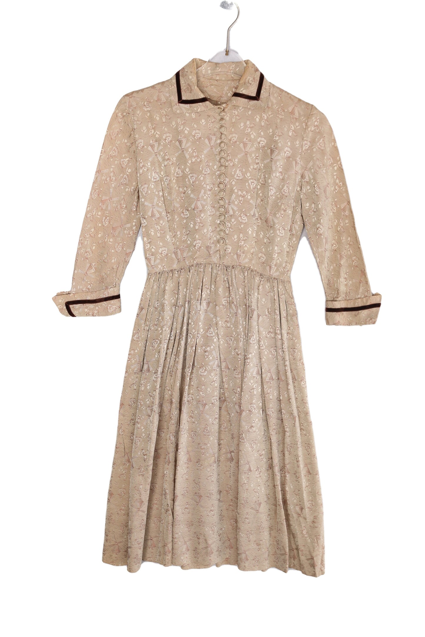 1950s Women Beige Long Sleeve Casual Dress with Windmill and Flower Fabric Patter