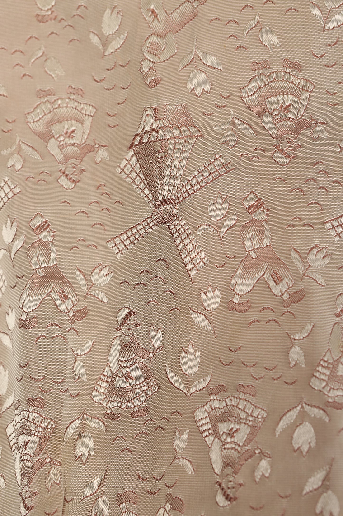 1950s Women Beige Long Sleeve Casual Dress with Windmill and Flower Fabric Patter