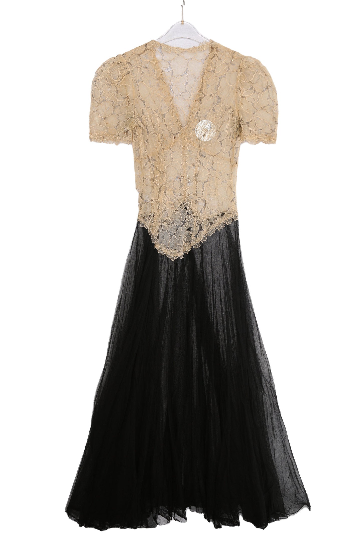 1930s Women Long Nightgown Dress - Floral Lace Top Fabric and Black