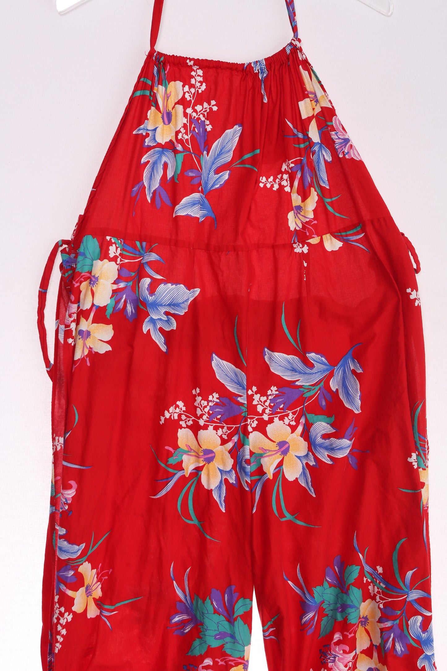Vintage Women's Red Floral Print Halter Jumpsuit with Side Tie Closures - Estimated Era 70s - 80s