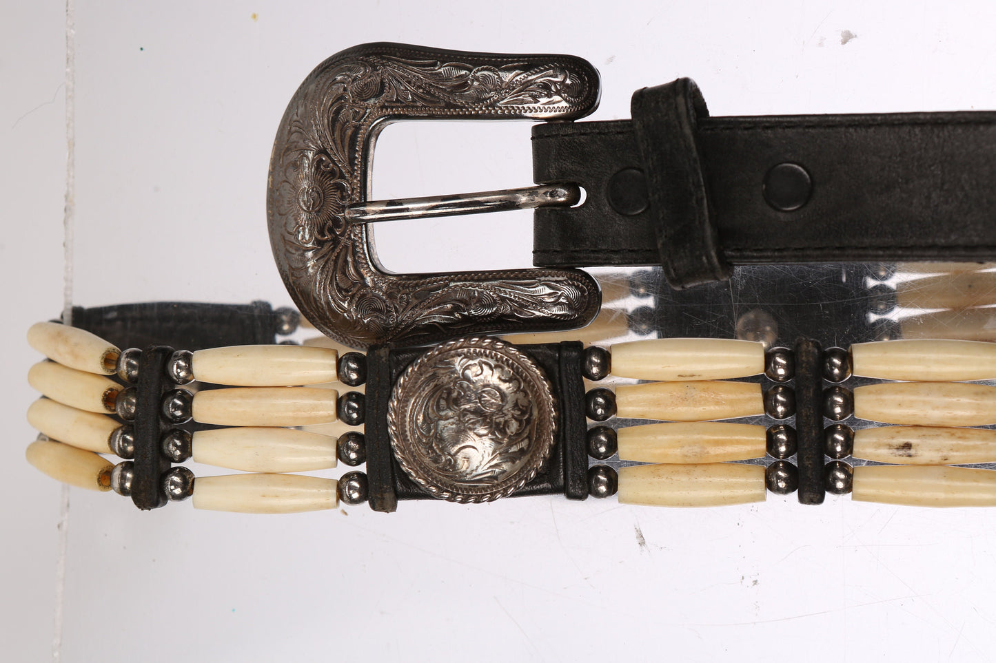 Vintage Black Western Belt with Bones Attachments and Steel Engraved Bel Buckle