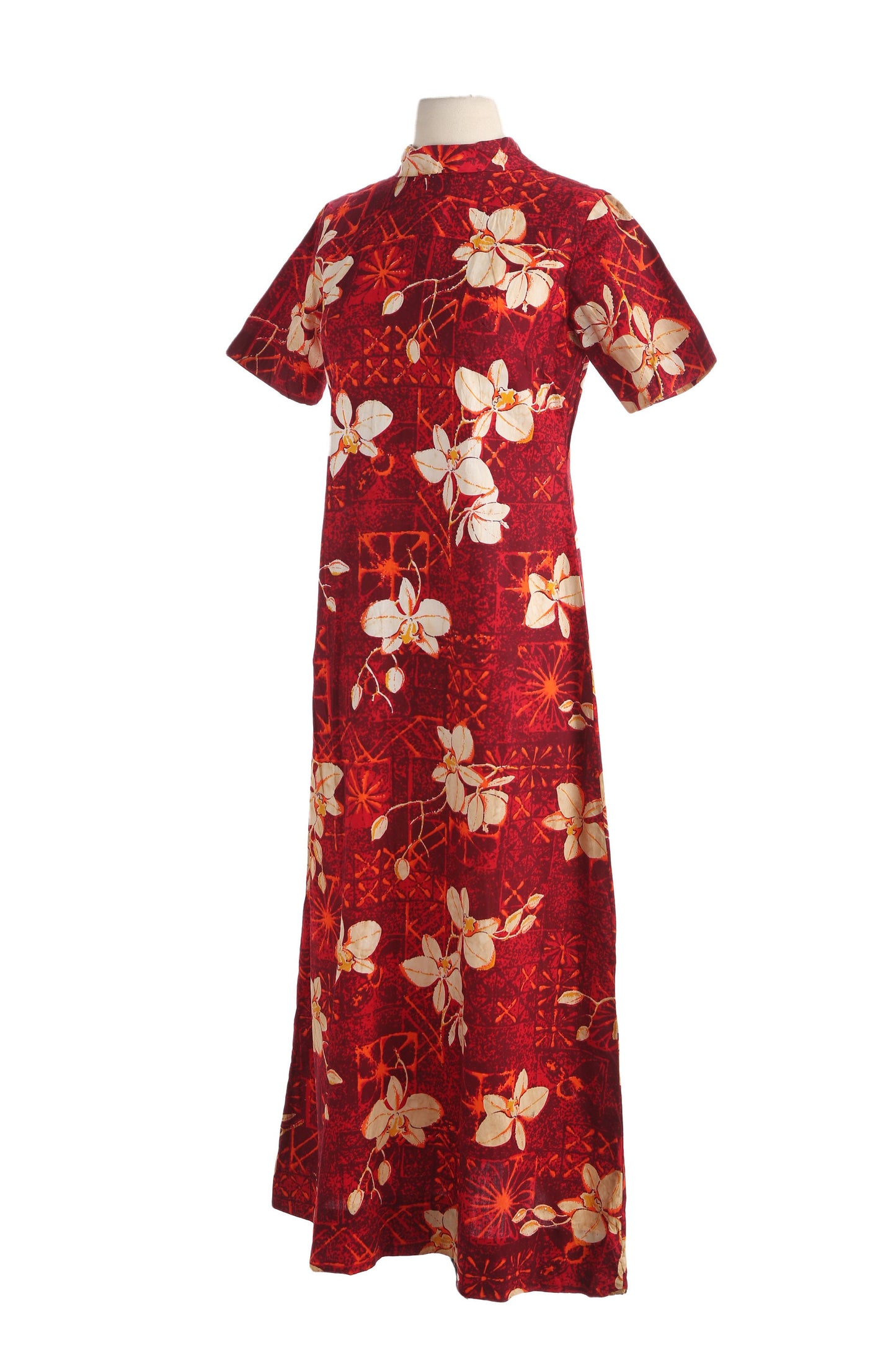 Vintage Women's Long Red Floral Print Hawaiian Dress