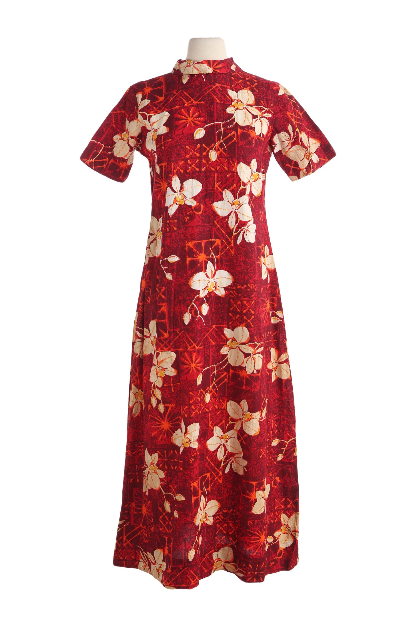Vintage Women's Long Red Floral Print Hawaiian Dress