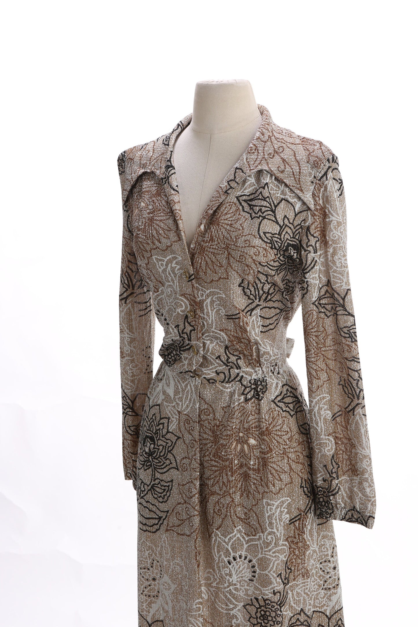 70s Women Brown Floral Print Long Poly Dress