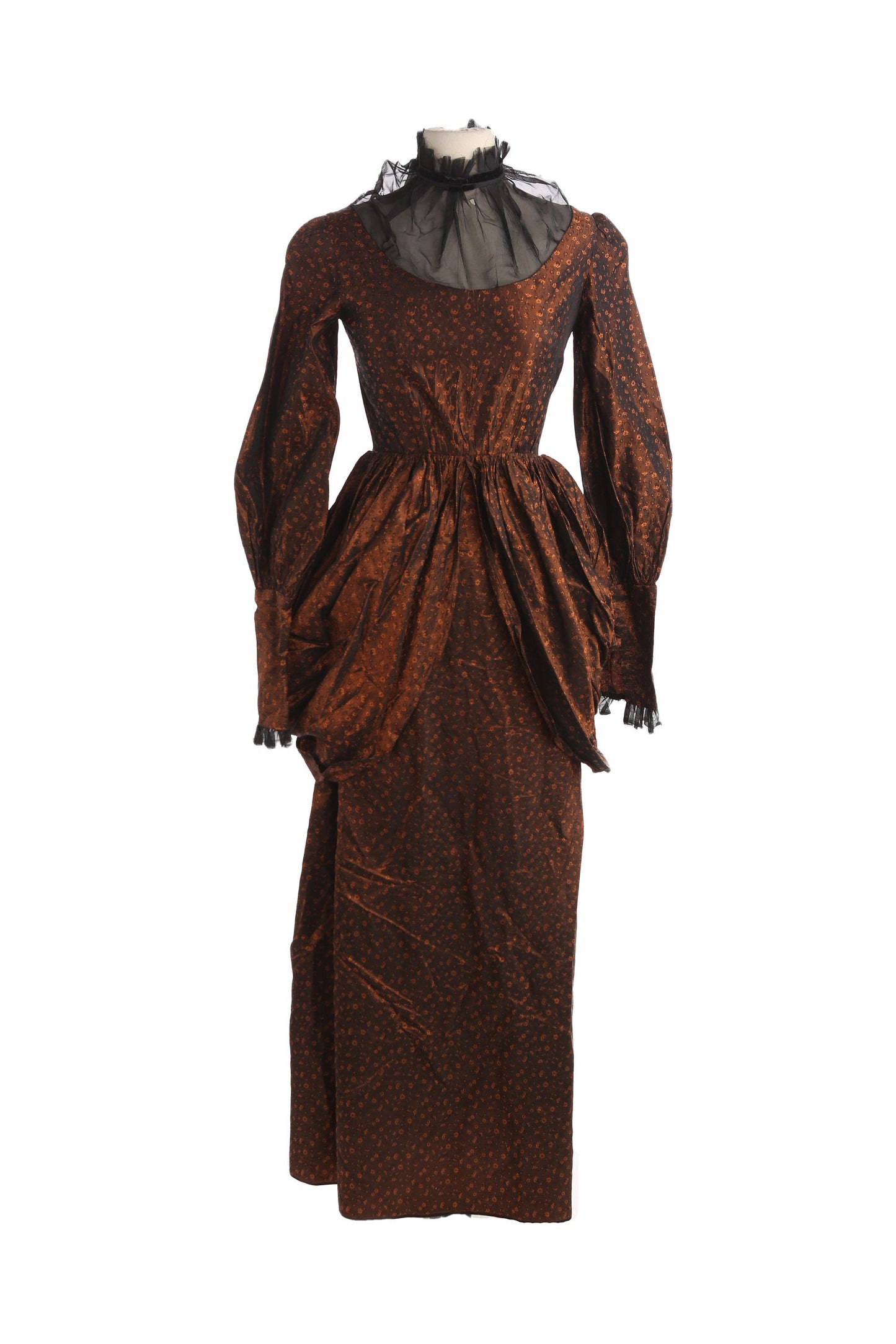 Vintage Women's Victorian Style Dress with Black Sheer Poly Collar and Floral Brown Shiny Brocade Fabric Pattern - Estimated Era 40s - 50s