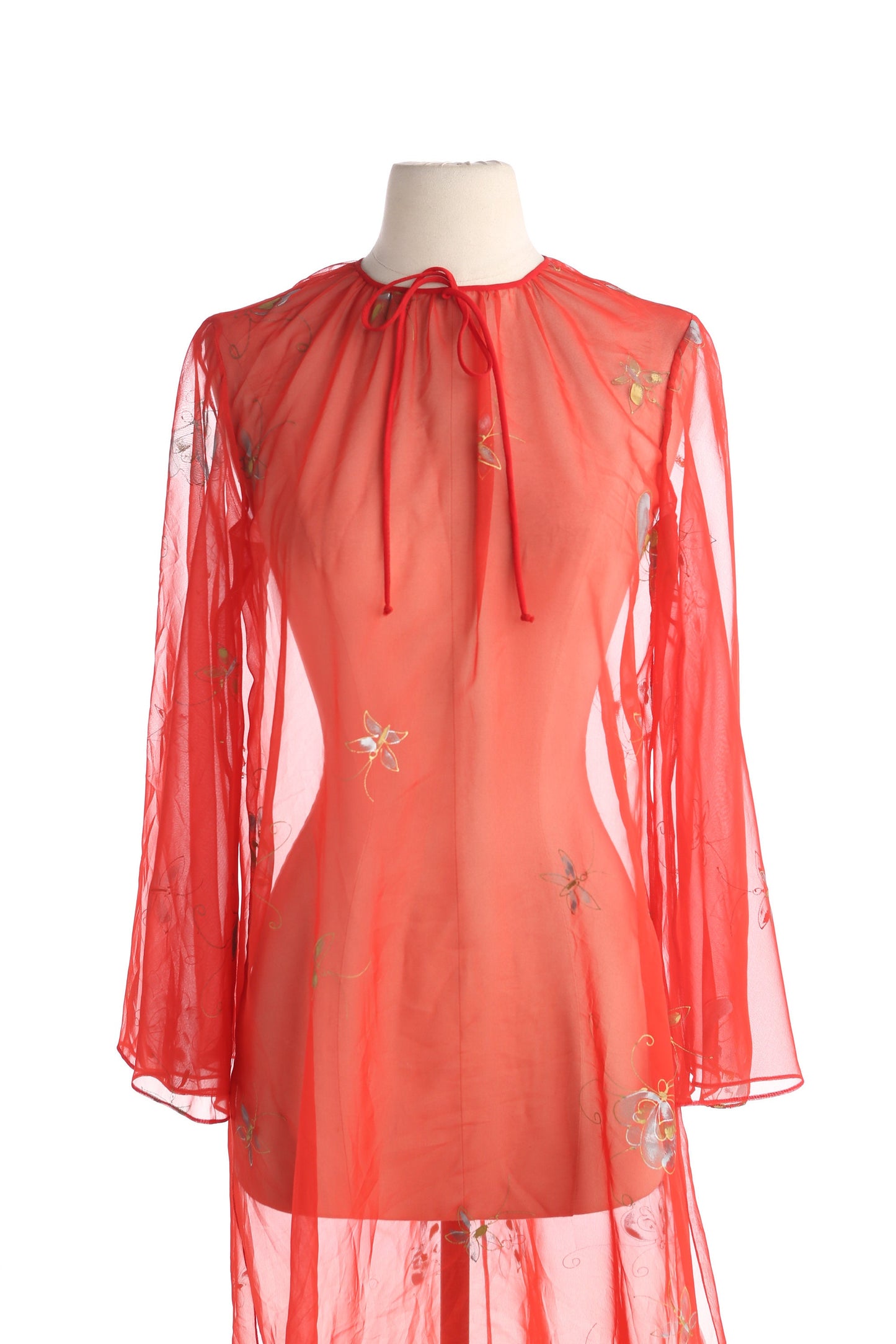 Vintage Women's Red Sheer Slip Dress with Golde Leaf Fabric Prints