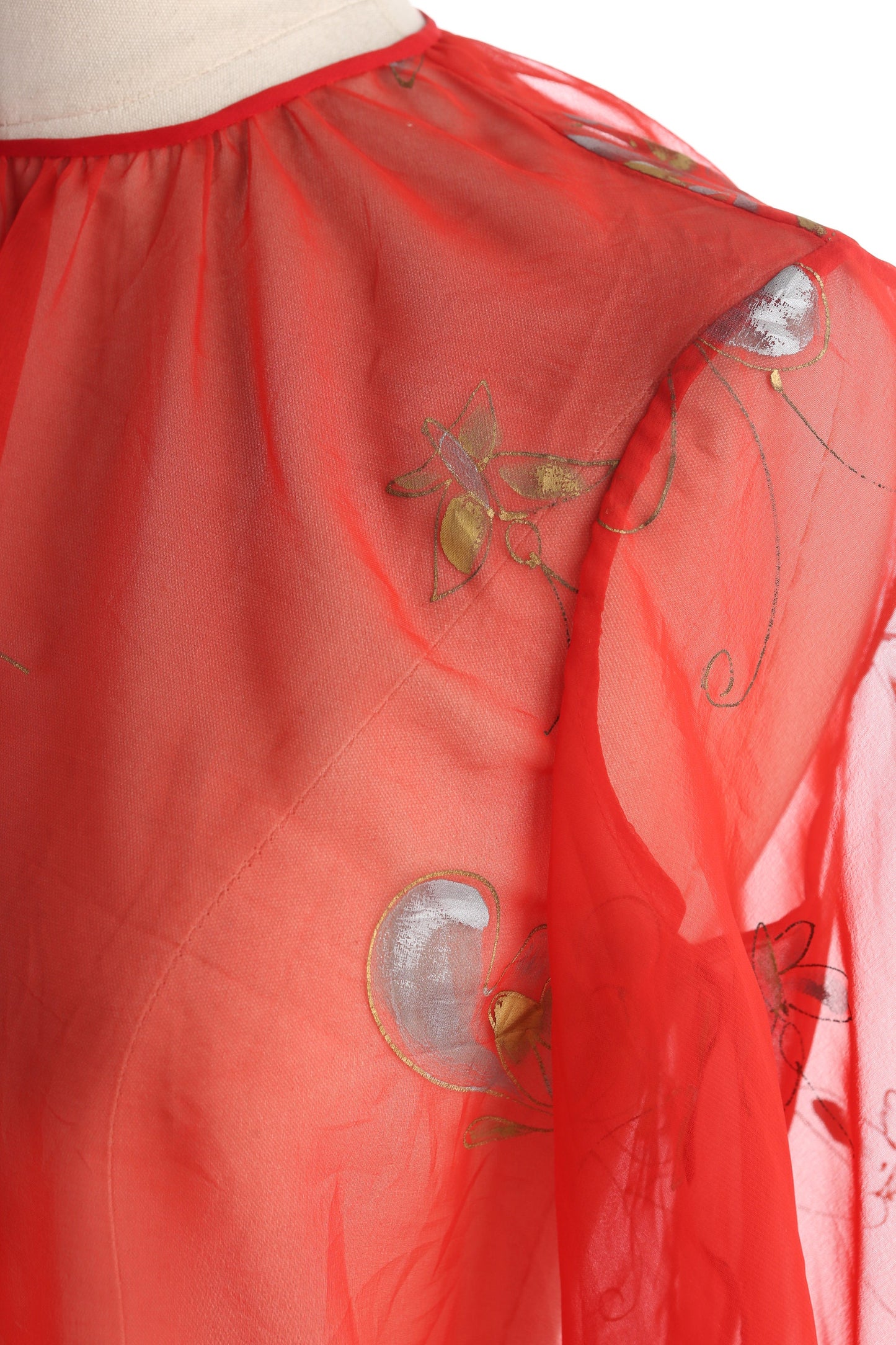Vintage Women's Red Sheer Slip Dress with Golde Leaf Fabric Prints