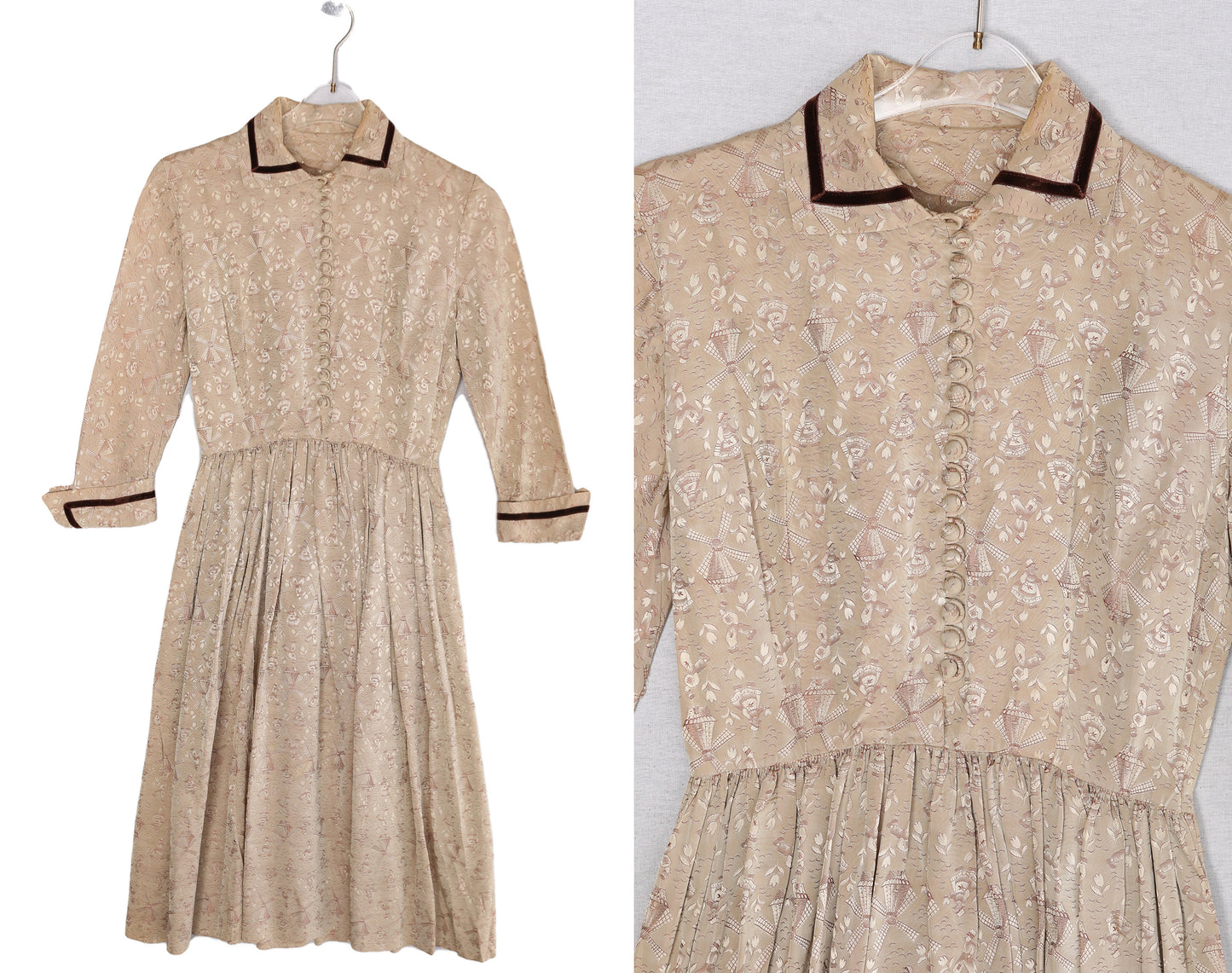 1950s Women Beige Long Sleeve Casual Dress with Windmill and Flower Fabric Patter
