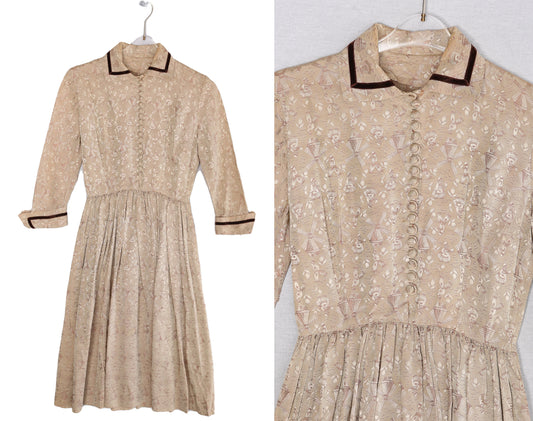 1950s Women Beige Long Sleeve Casual Dress with Windmill and Flower Fabric Patter