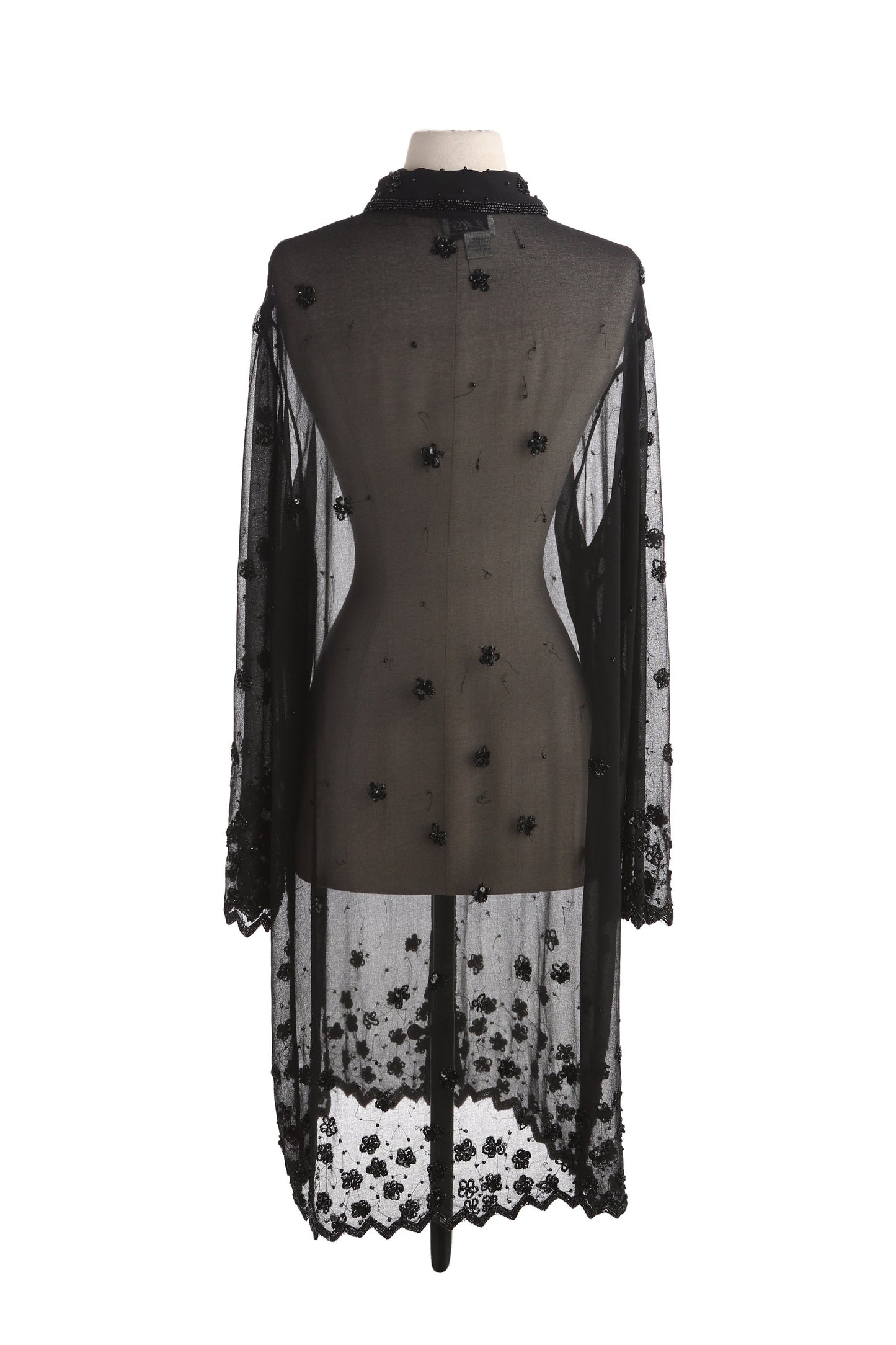 Vintage Women Long Sleeve Black Sheer Dress with Sequin Flower Design Details by JMD New York