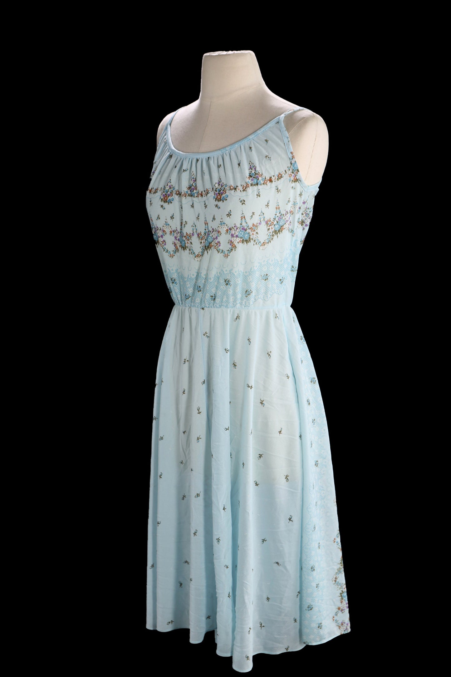 80s Women Blue Floral Print Polyester Sheer Dress