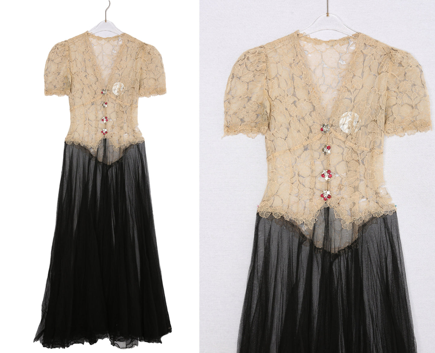 1930s Women Long Nightgown Dress - Floral Lace Top Fabric and Black