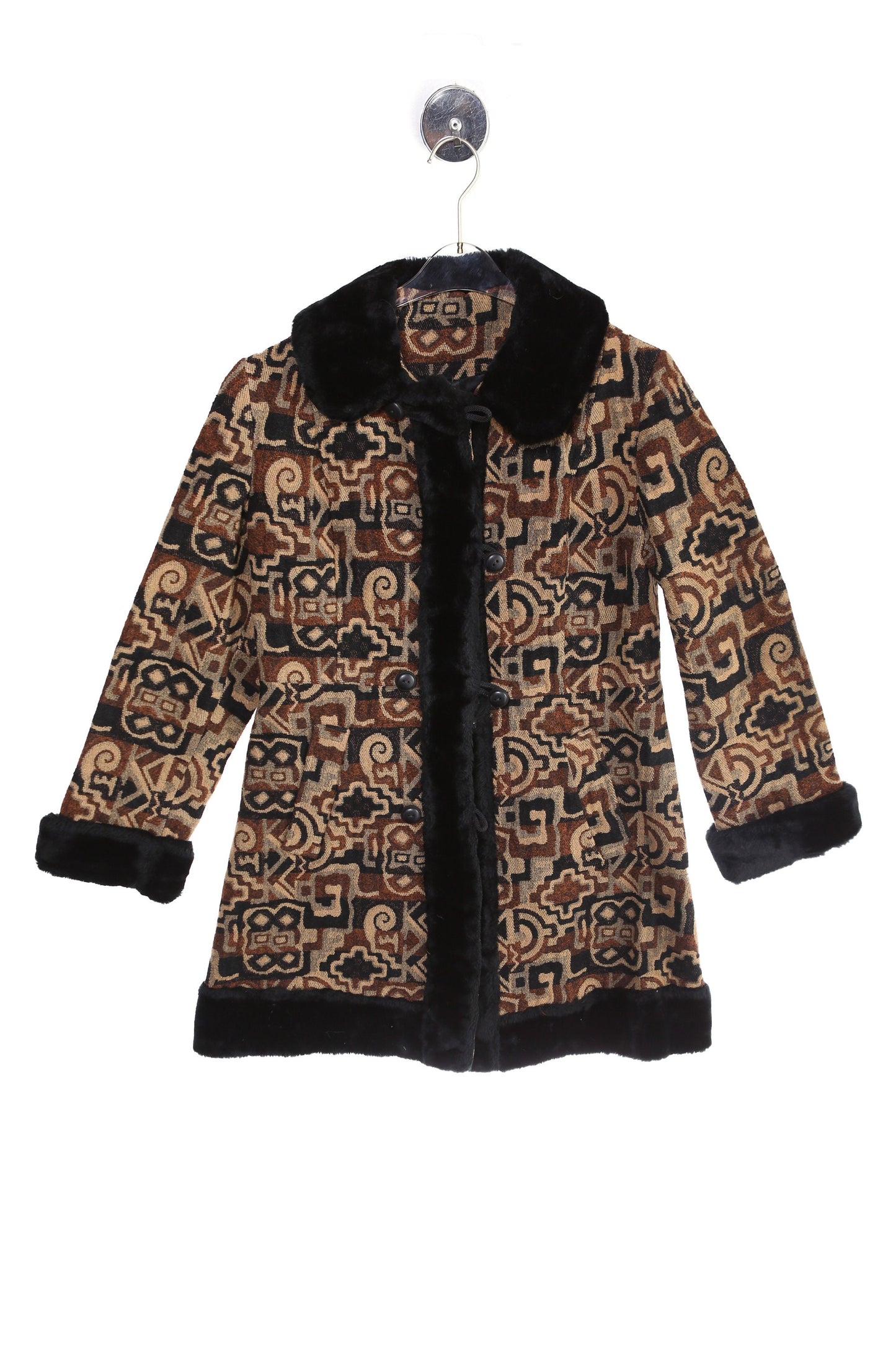 Vintage Women's Winter Coat with Geometric Fabric Pattern by Betty Rose - Estimated Era 90s - Y2K