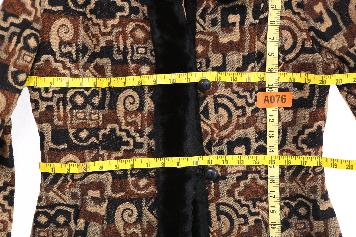Vintage Women's Winter Coat with Geometric Fabric Pattern by Betty Rose - Estimated Era 90s - Y2K