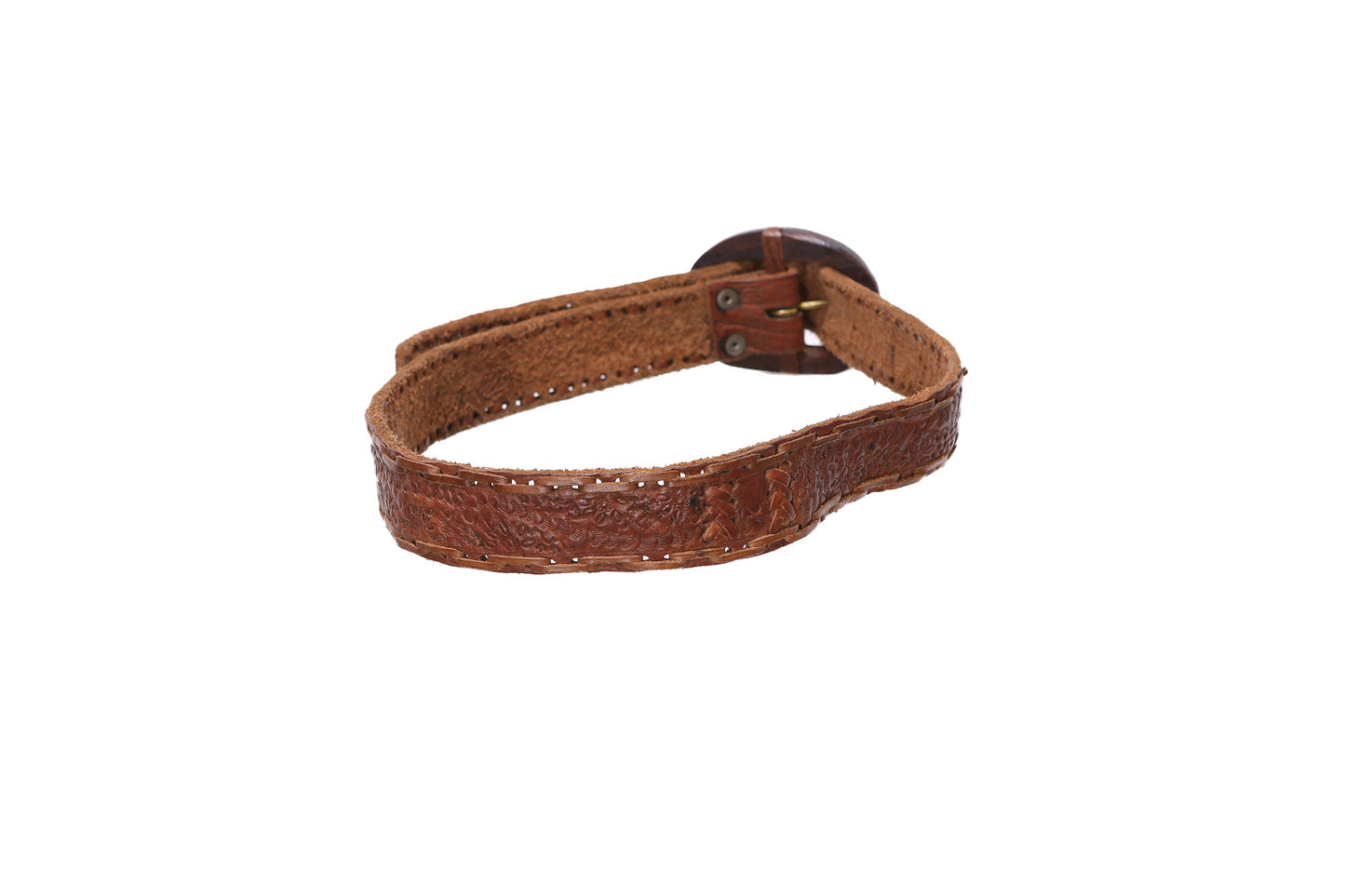 Vintage Brown Tooled Leather Belt with Wooded Belt Buckle