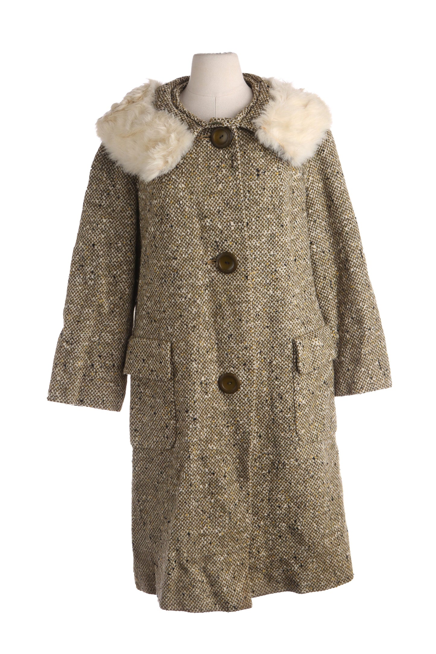 Vintage Women's Gray Winter Coat with White Fur Collar - Estimated Era 1950's - 1960's