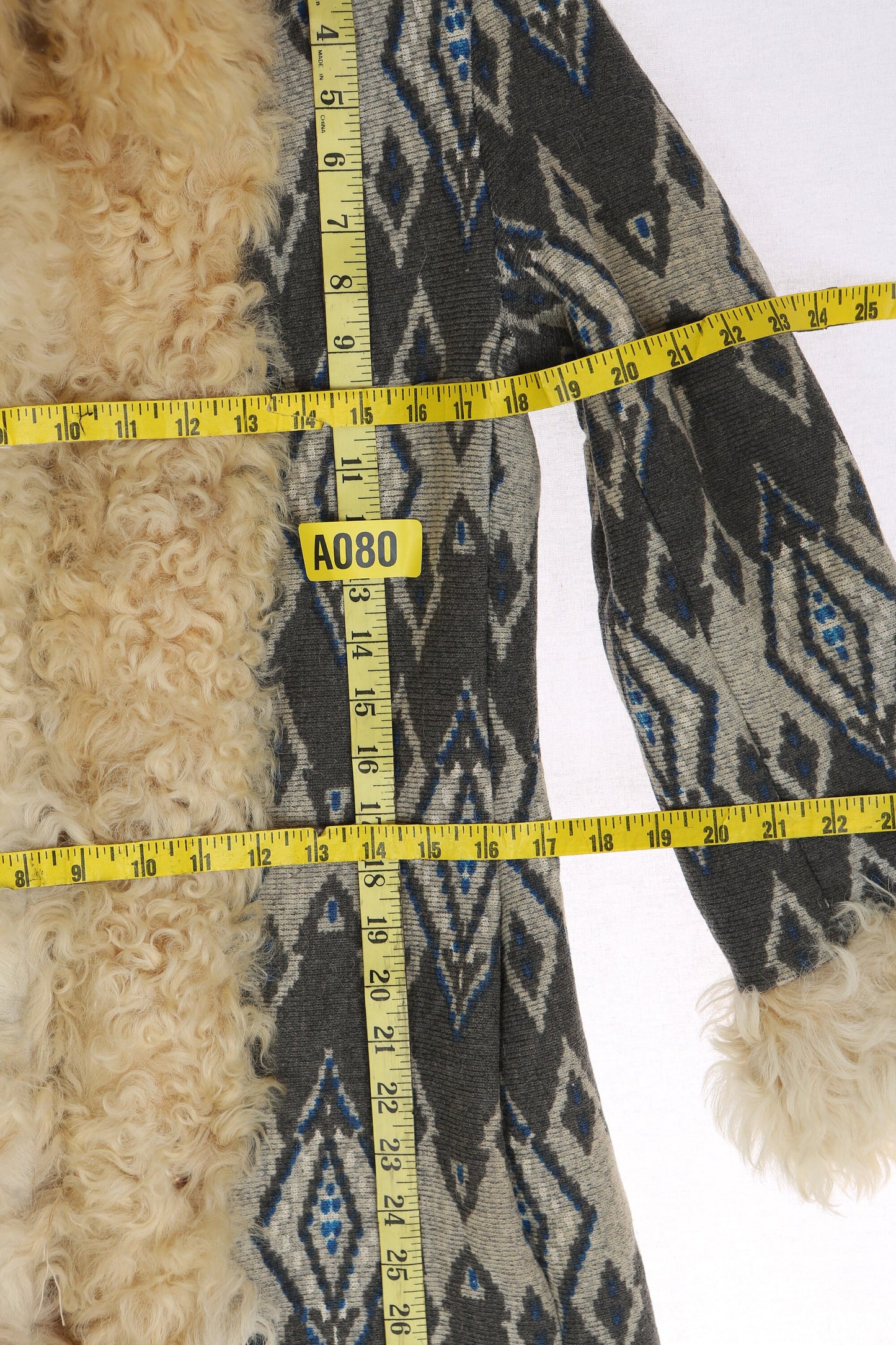 Vintage Women Long Shearling Coat with Tribal Print by I. Magnin - Estimated Era 1970's - 1980's