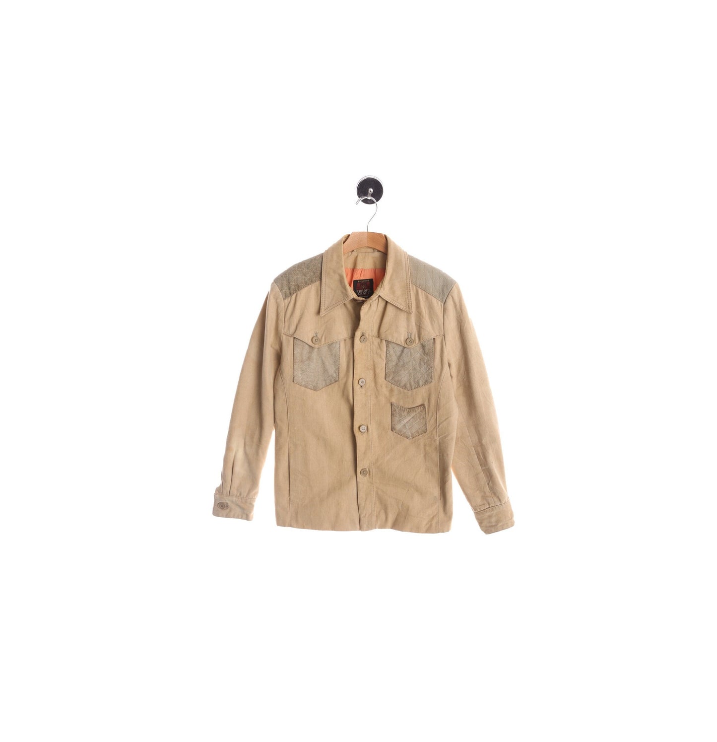 1970's Men Beige Long Sleeve Button up Shirt with Suede Shoulder Patches