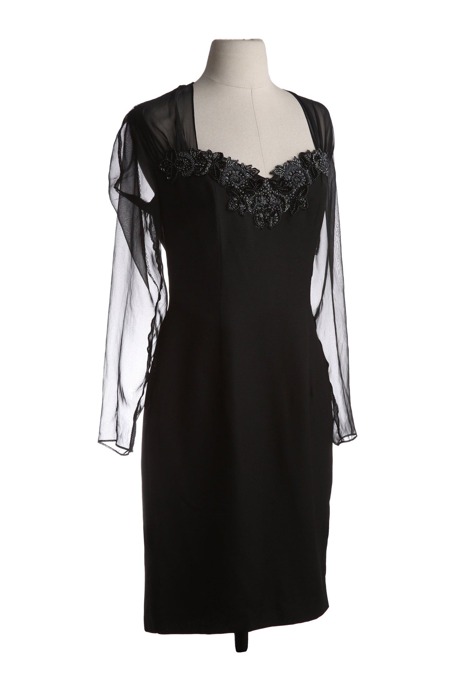 90s Women's Black Evening Dress with Sheer Sleeves