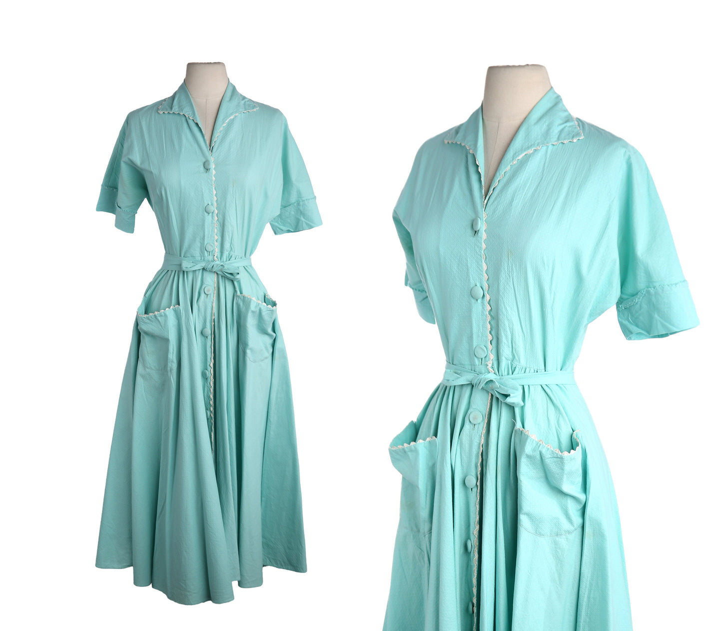 1950's Women Green Button Down Casual Dress