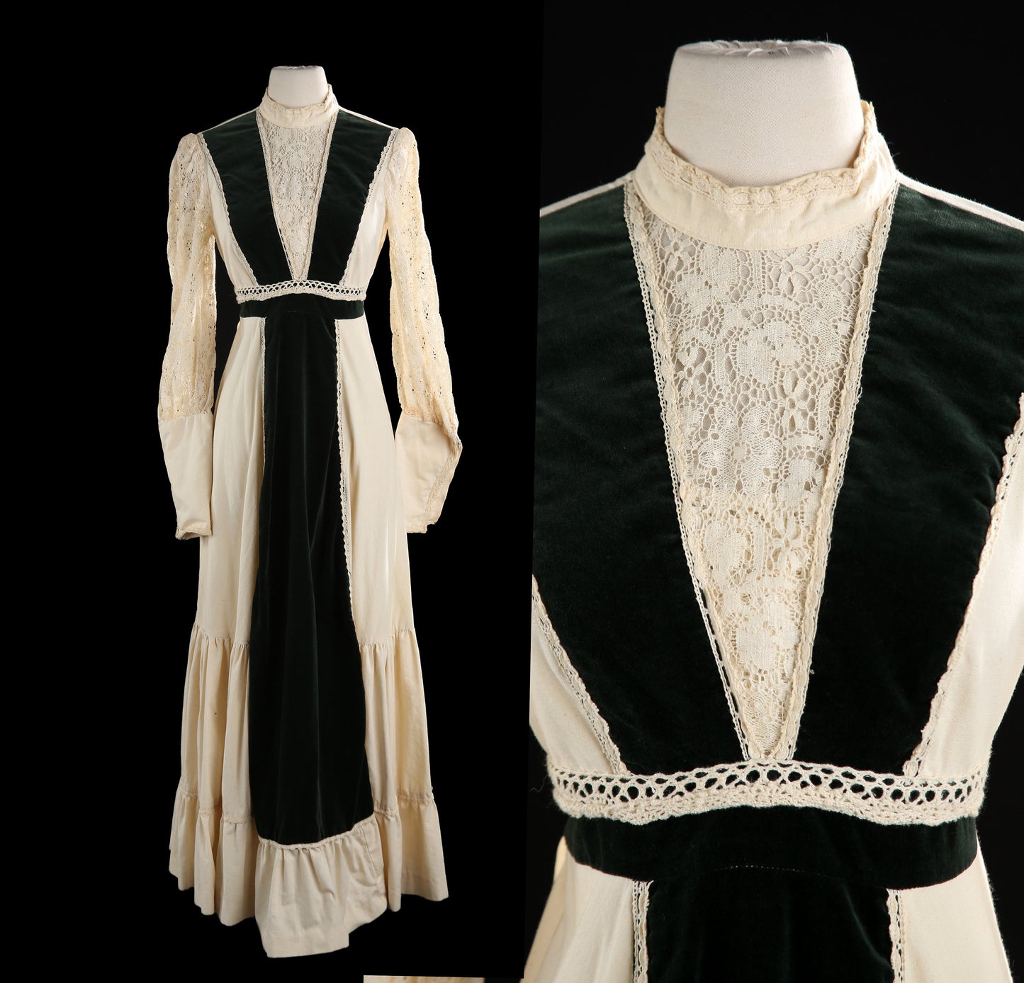 Vintage Beige Prairie Dress with Green Velvet Patchwork Details - estimated Era 1970's - 1980's