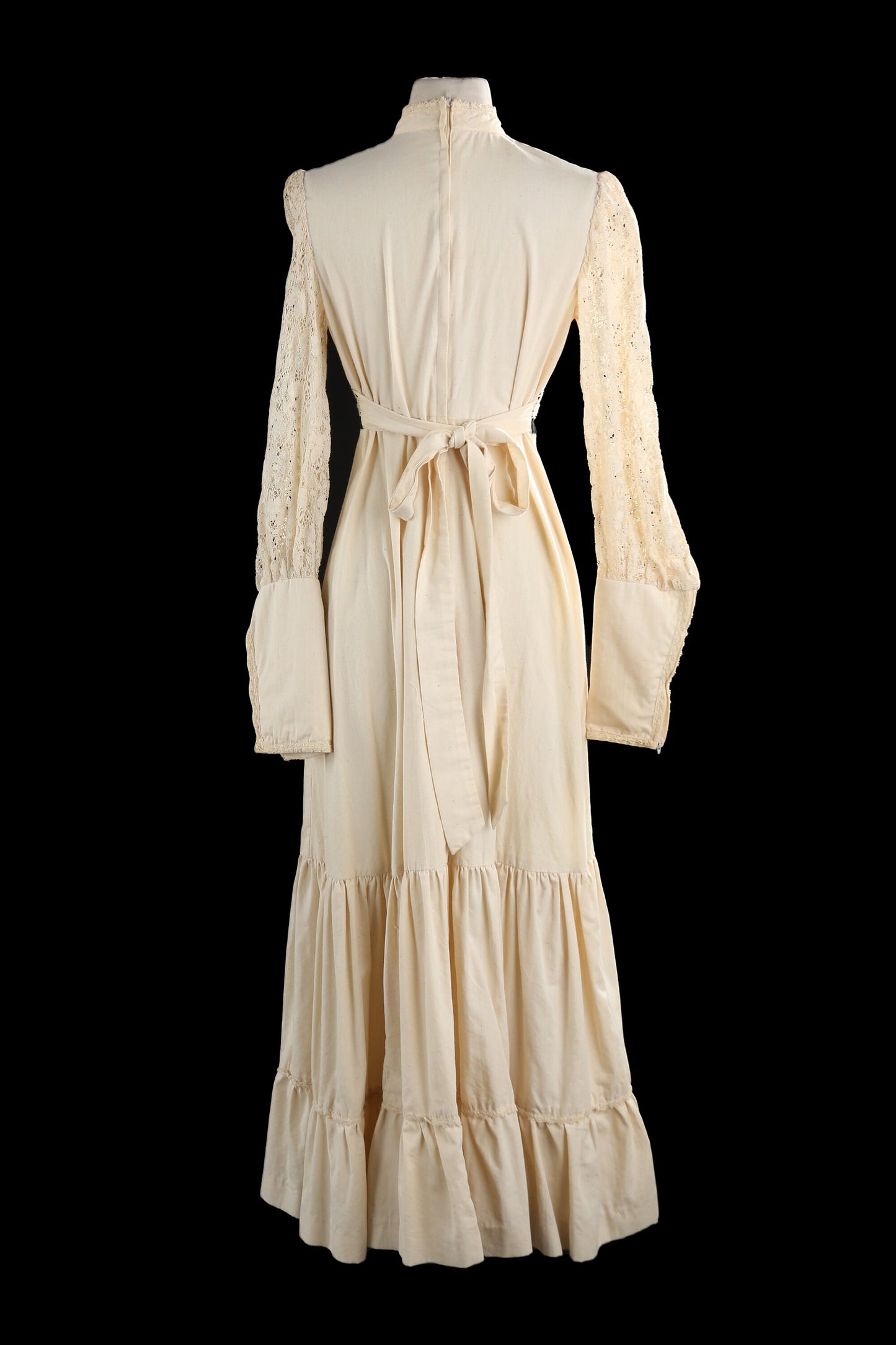 Vintage Beige Prairie Dress with Green Velvet Patchwork Details - estimated Era 1970's - 1980's