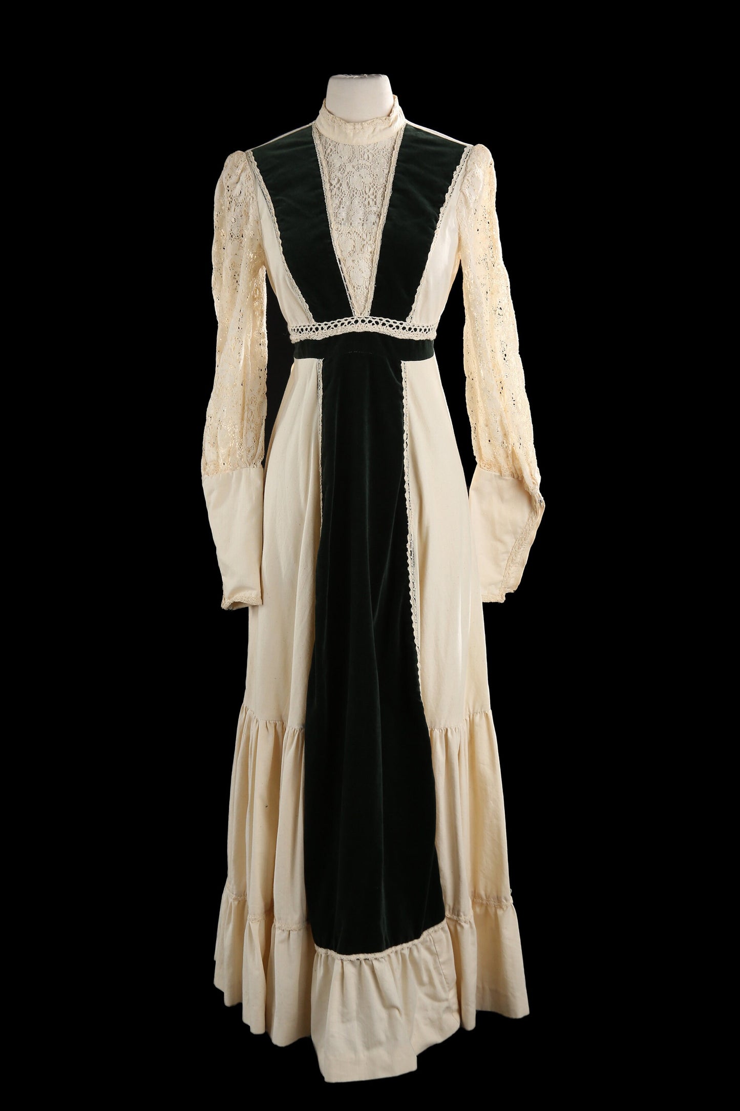 Vintage Beige Prairie Dress with Green Velvet Patchwork Details - estimated Era 1970's - 1980's