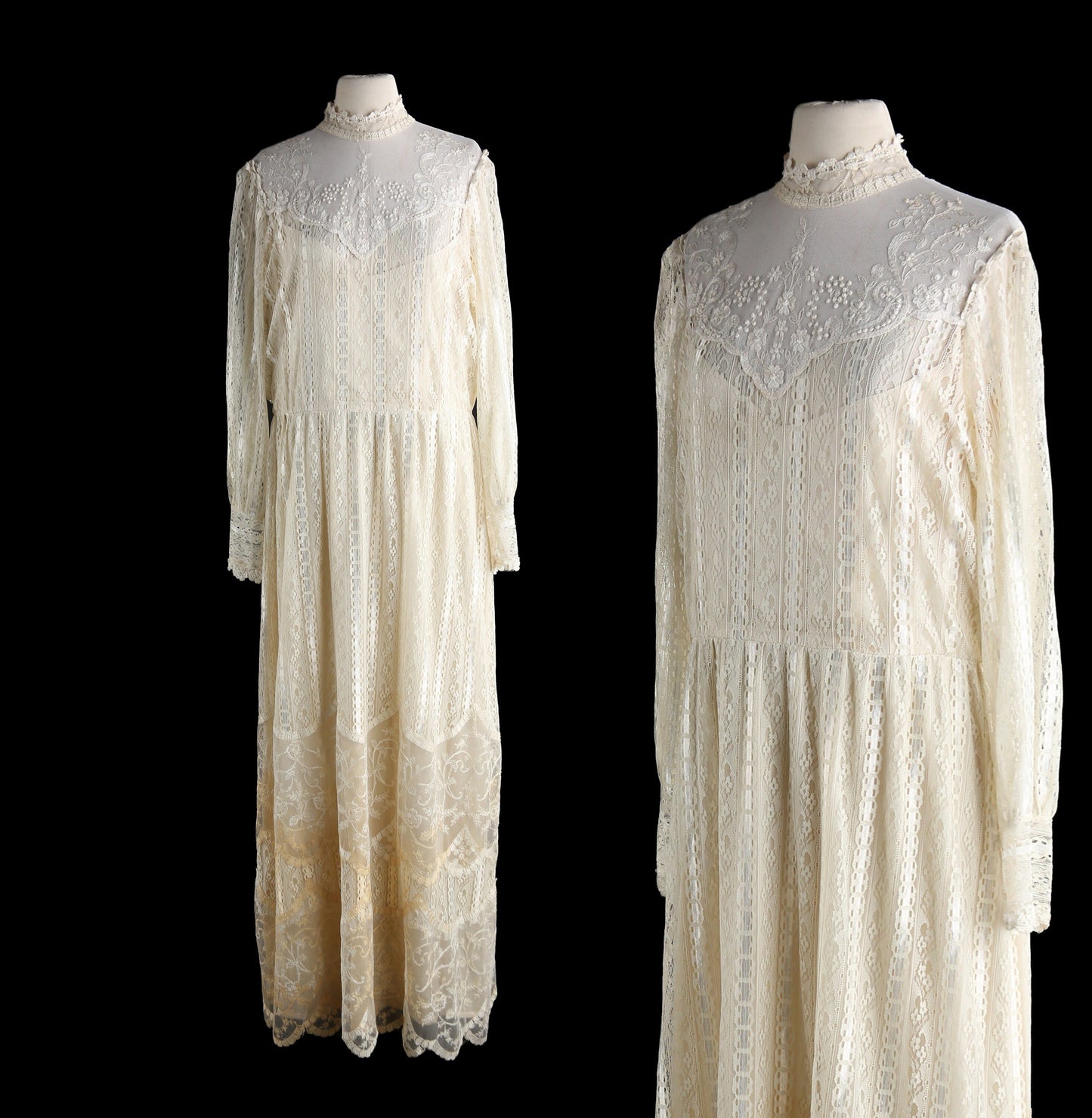 Vintage White Lace Dress Long Sleeve Floral Fabric Pattern Estimated Era 1980