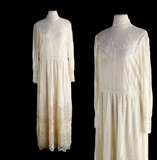 Vintage White Lace Dress Long Sleeve Floral Fabric Pattern Estimated Era 1980