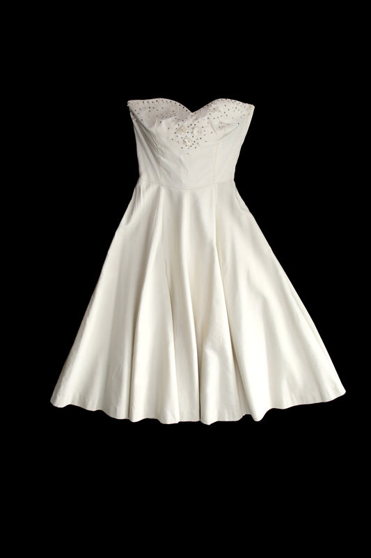 1950's White Evening Sleeveless Dress with Pearl and Rhinestone Decorations