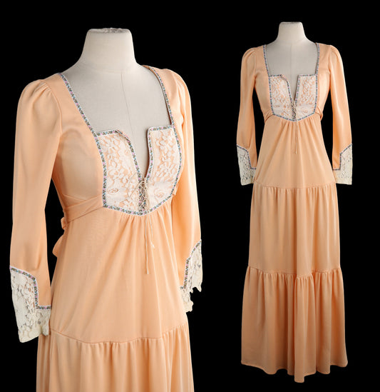 1970s Women Orange Summer Boho Dress with Back waist Belt and Chest Lace Closure