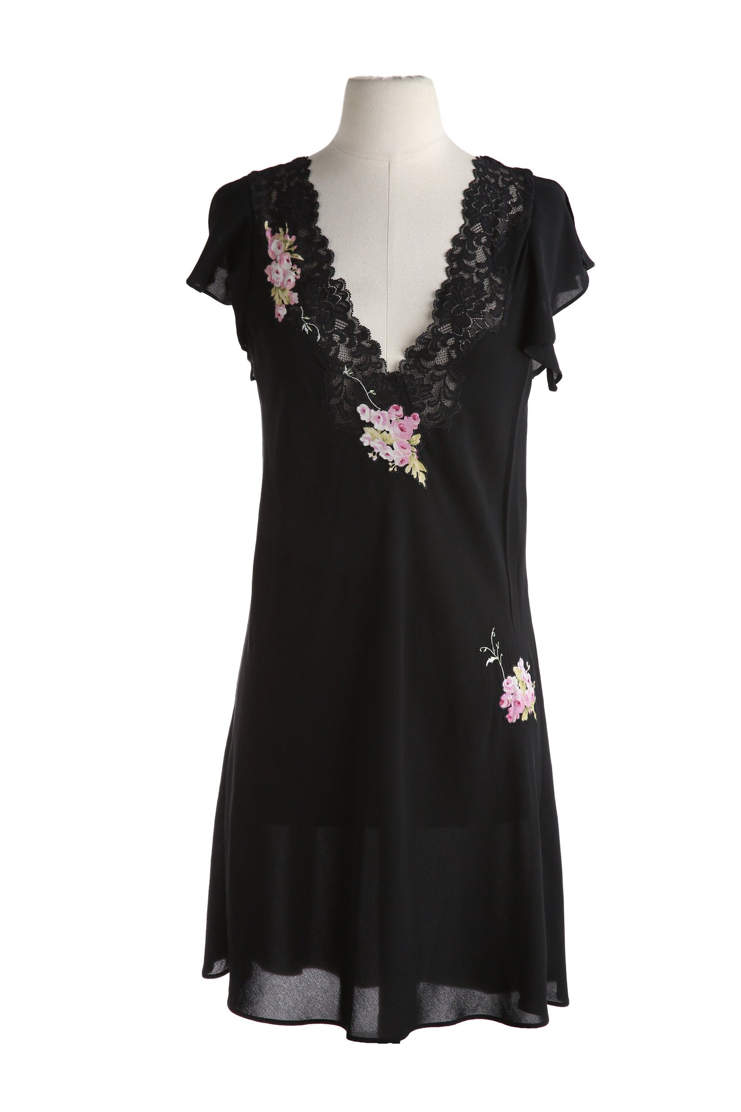 Y2K Black Casual Dress with Floral Print Details and Lace Collar
