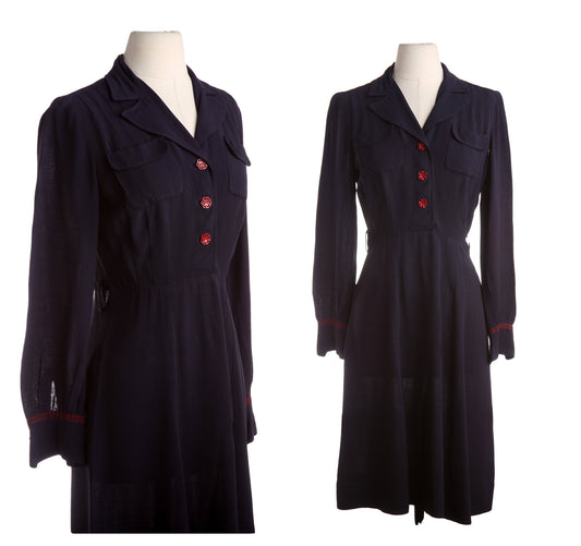 1940s Women Blue Casual Dress with Red Buttons by Smart Streeter