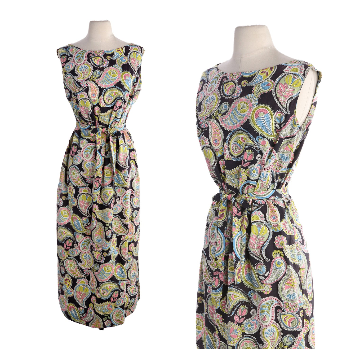 1950s Women Black Casual Dress with Pailey Print Sleeveless Waist Belt