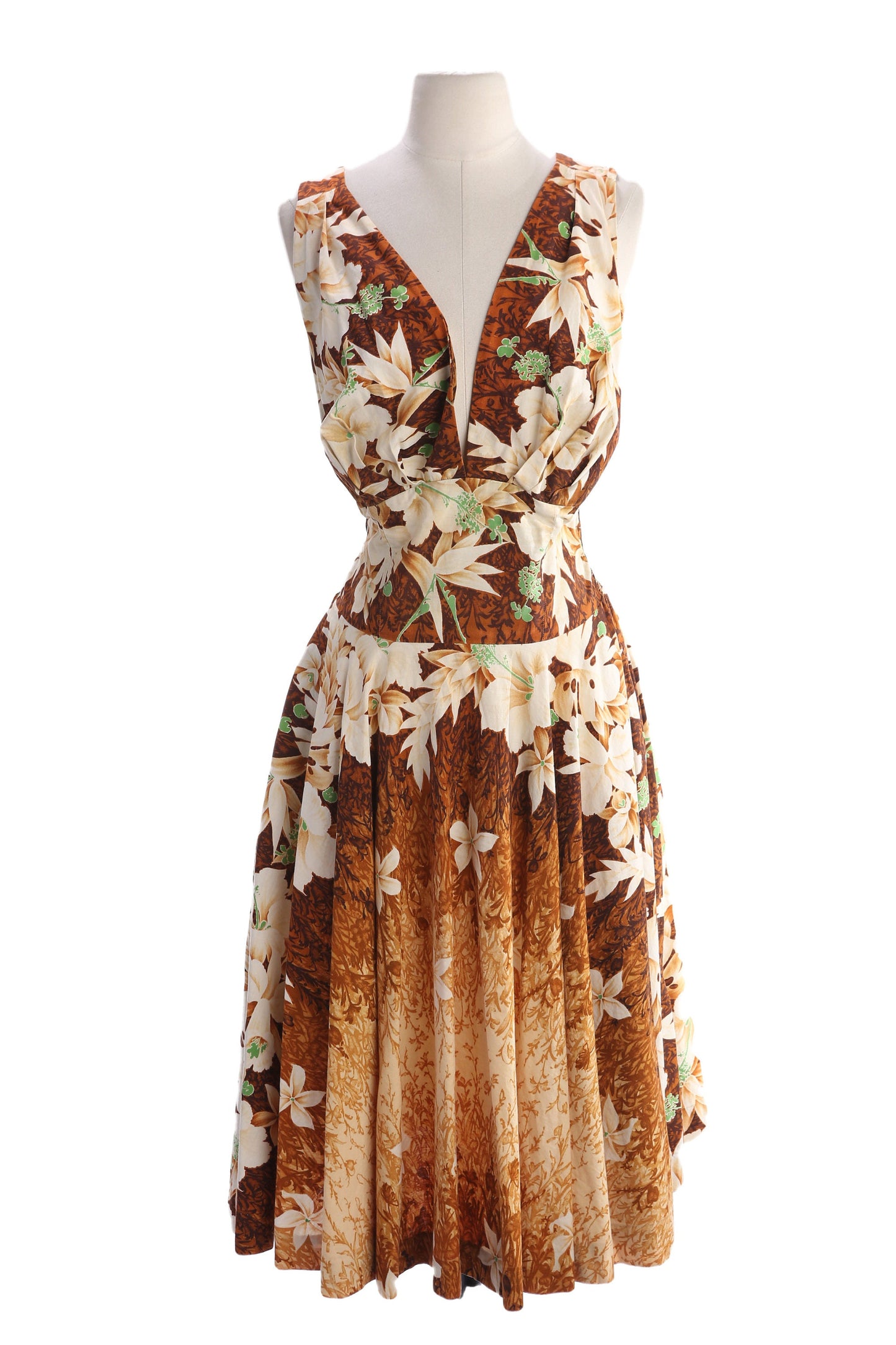 1940s Floral Print Brown Hawaiian Dress Sleeveless V Neck Back Zipper Closure