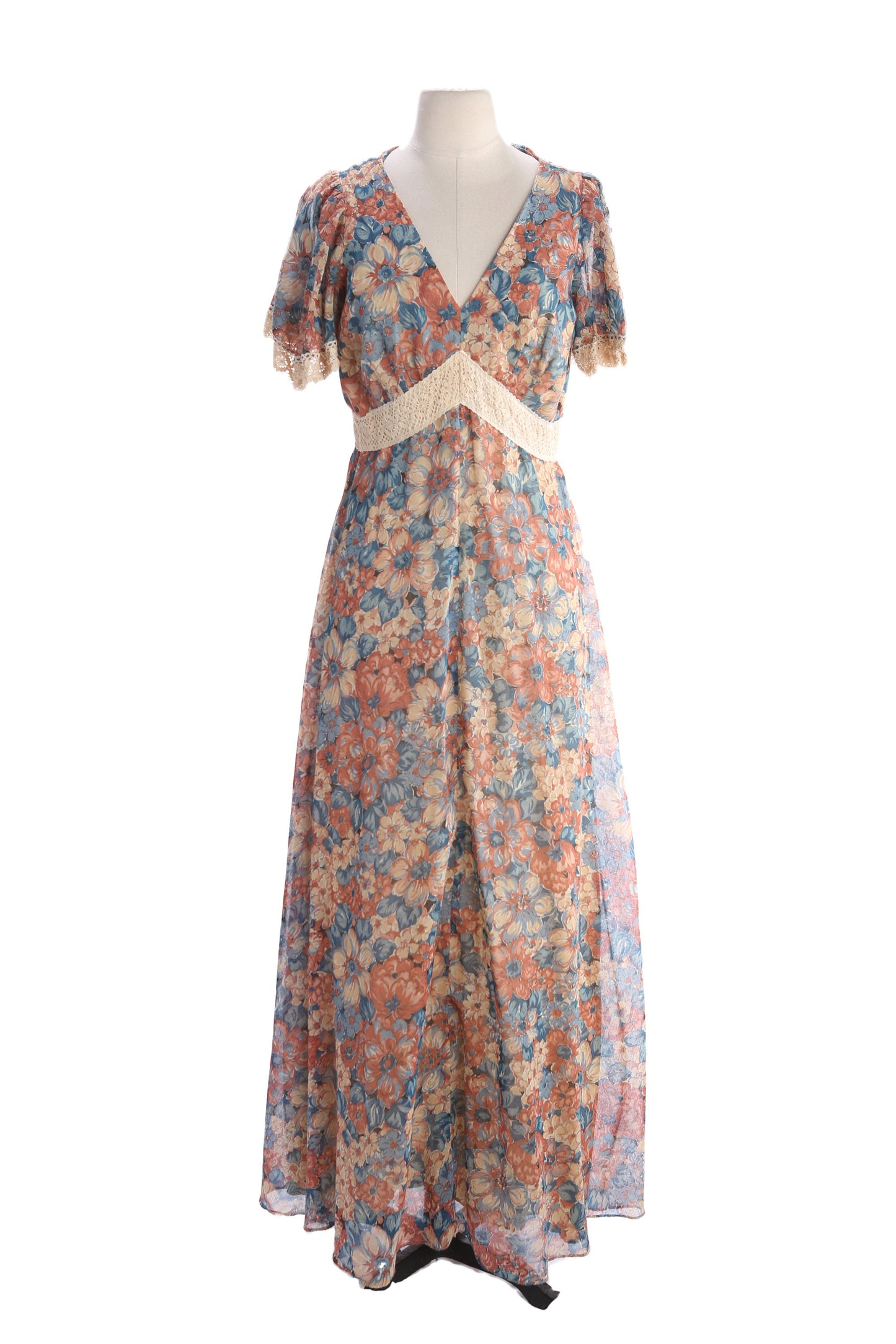 1970's Women Floral Print Long Summer Maxi Dress with Beige Crochet Seam and Wasit Sewing Design Details Short Sleeve