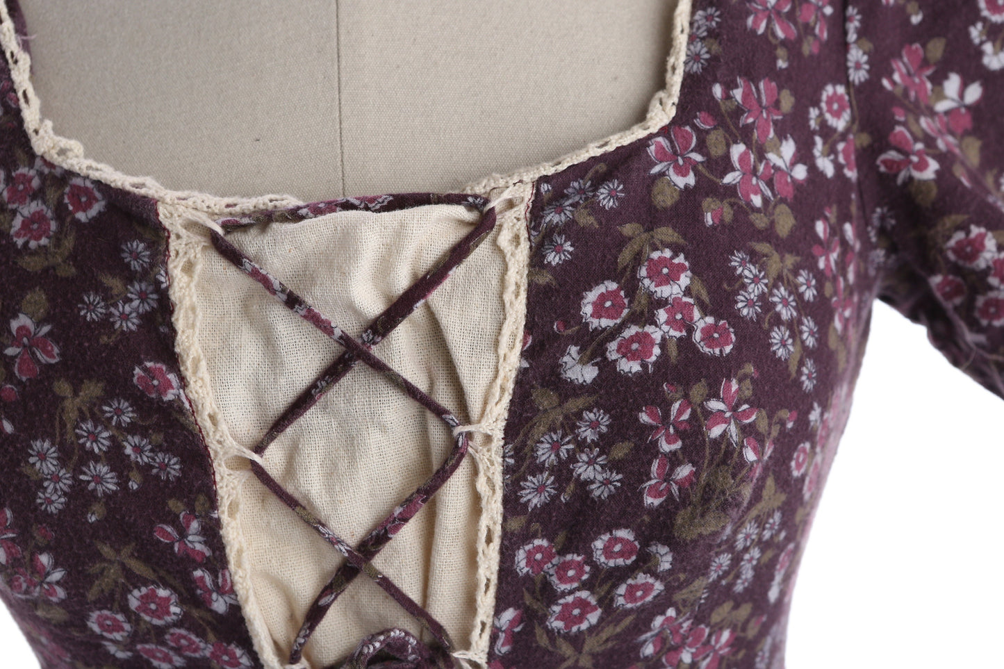 1970s Long Brown Floral Print Summer Prairie Dress Short Sleeve