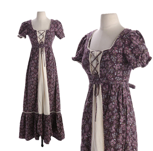 1970s Long Brown Floral Print Summer Prairie Dress Short Sleeve