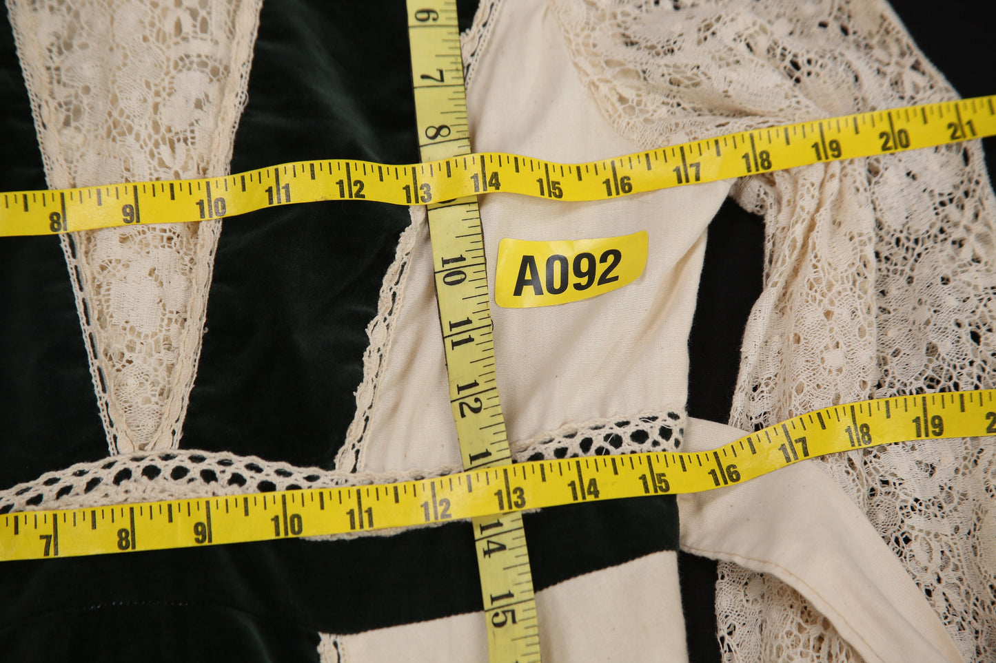 Vintage Beige Prairie Dress with Green Velvet Patchwork Details - estimated Era 1970's - 1980's