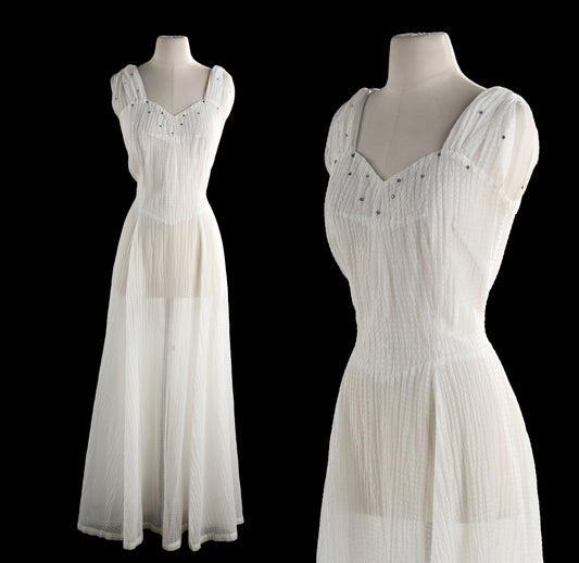 1950's Women White Evening Dress - White Sheer Polyester Fabric
