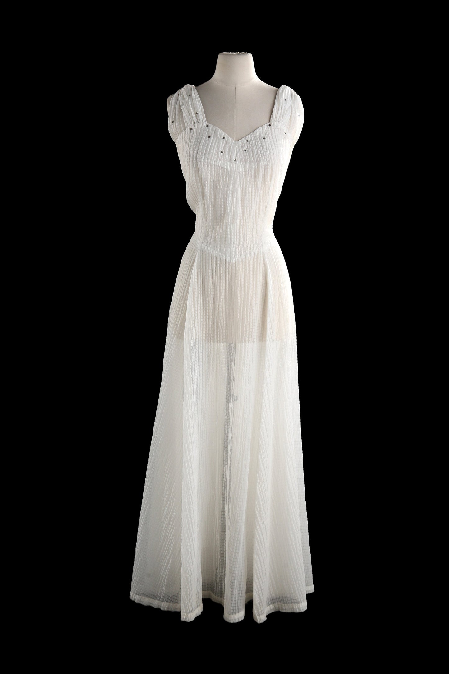 1950's Women White Evening Dress - White Sheer Polyester Fabric