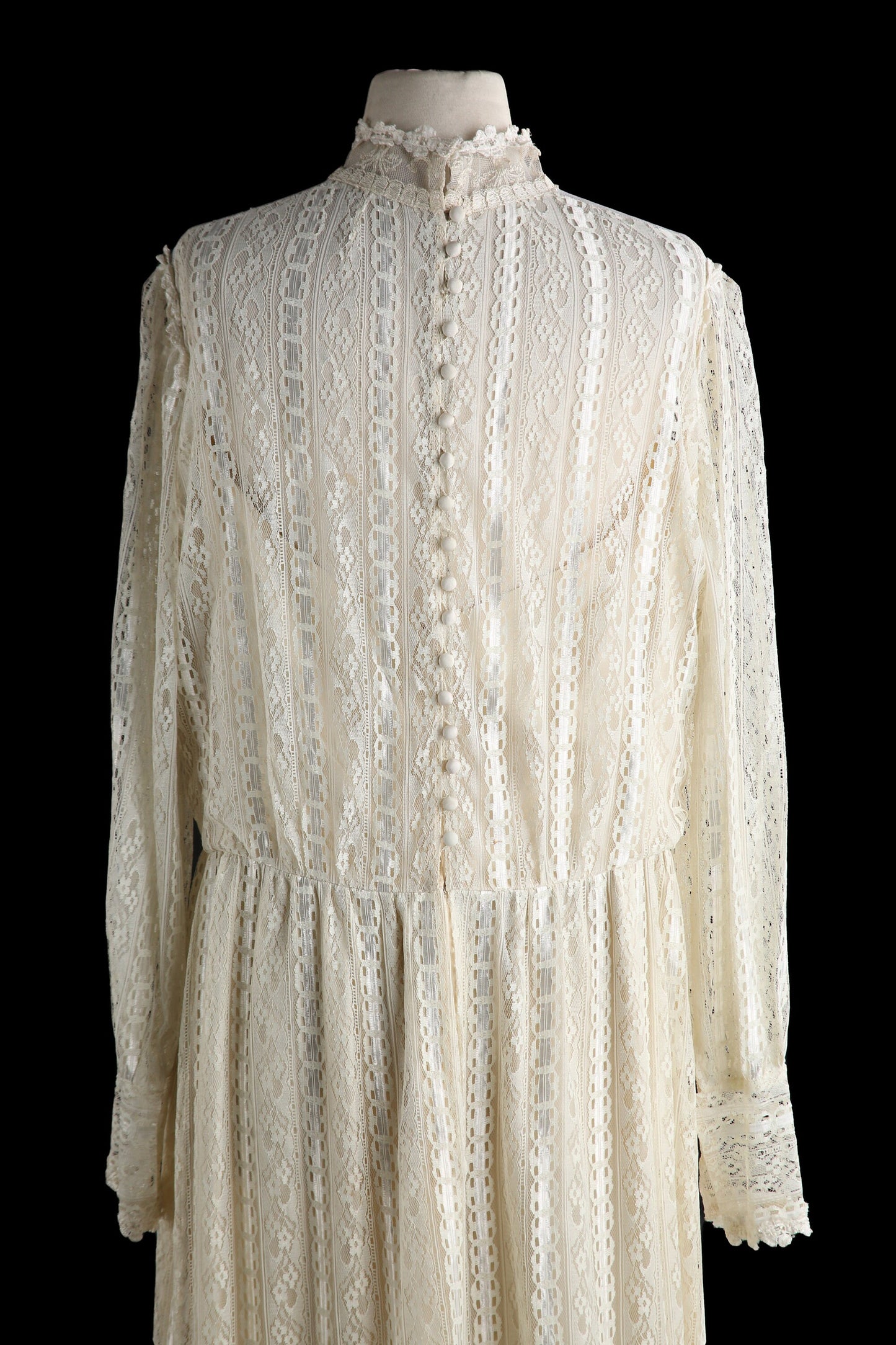 Vintage White Lace Dress Long Sleeve Floral Fabric Pattern Estimated Era 1980