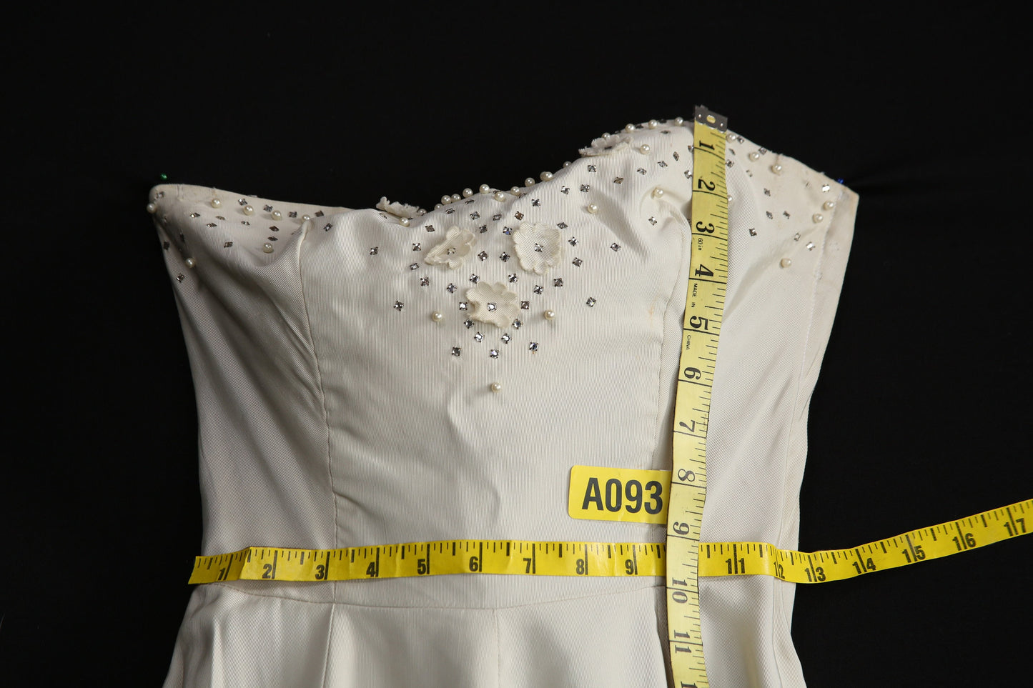 1950's White Evening Sleeveless Dress with Pearl and Rhinestone Decorations