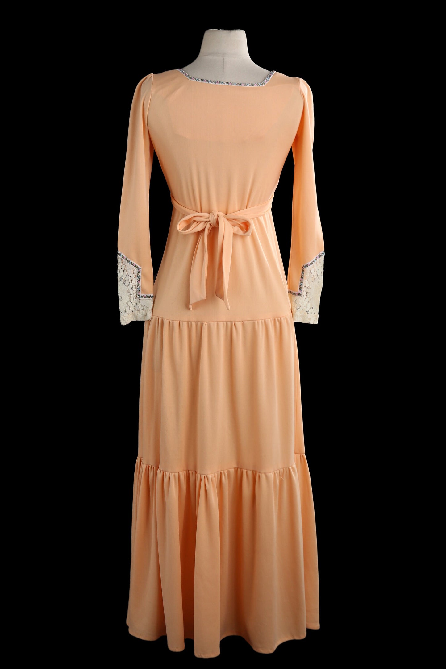 1970s Women Orange Summer Boho Dress with Back waist Belt and Chest Lace Closure