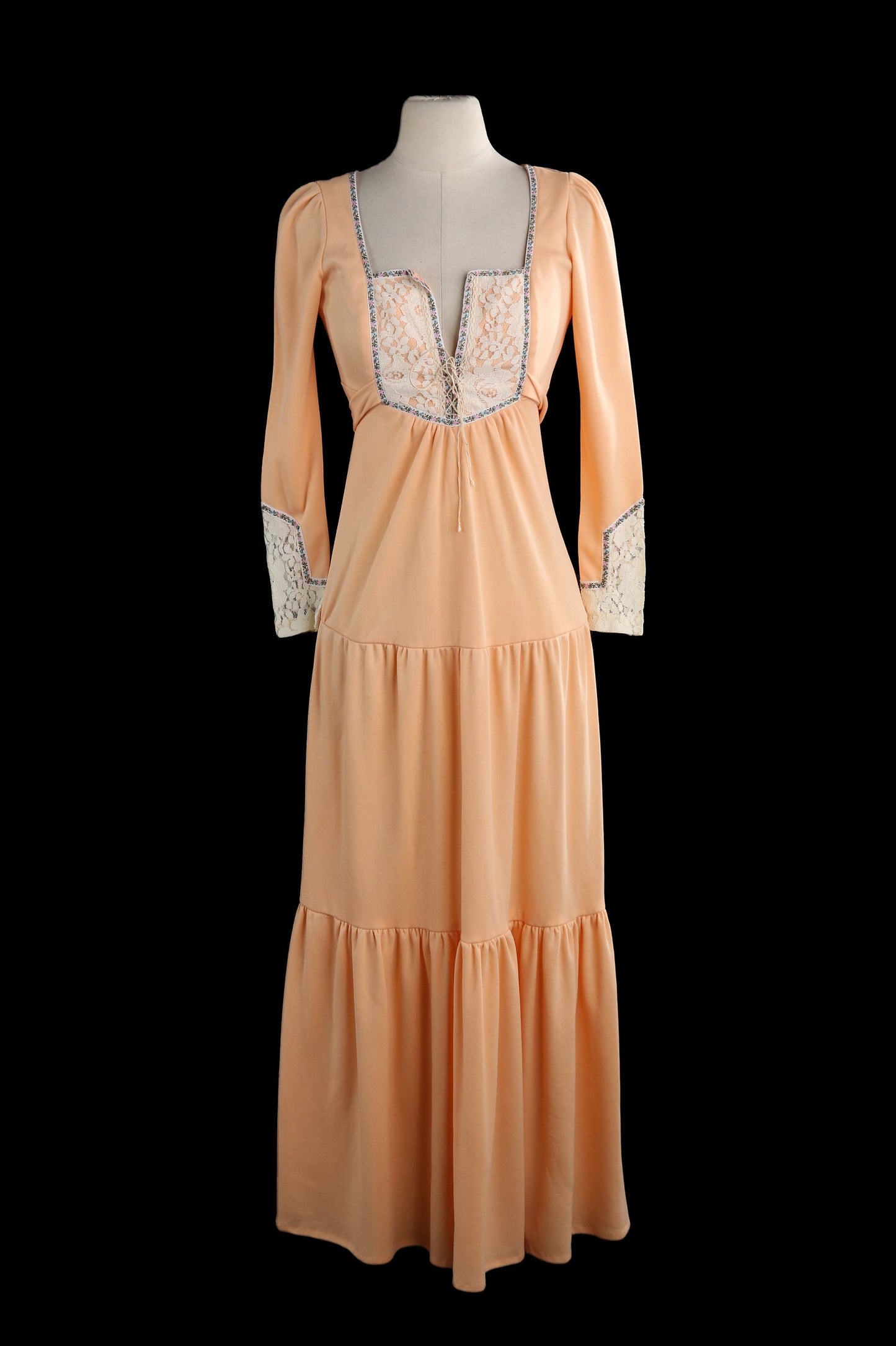 1970s Women Orange Summer Boho Dress with Back waist Belt and Chest Lace Closure
