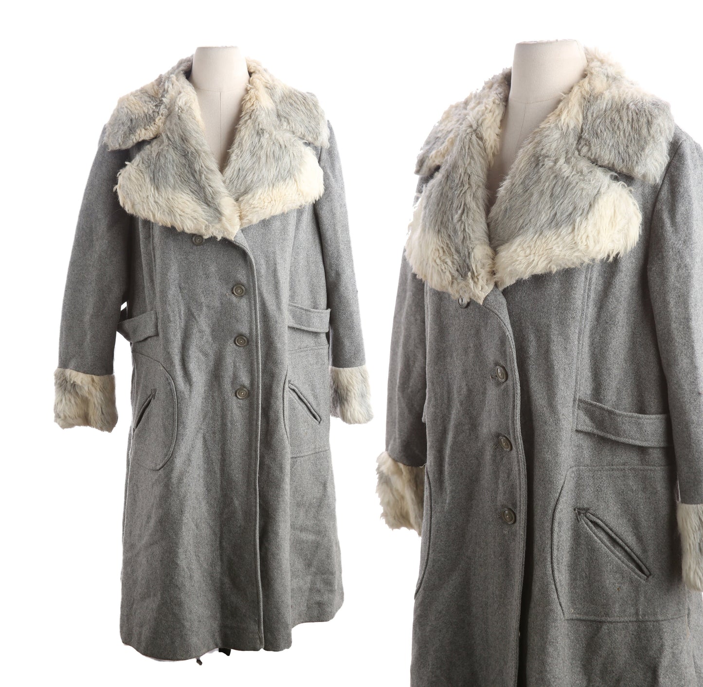 Vintage Women's Gray Winter Coat with White Faux Fur Collar - Estimated Era 1960's - 1970's